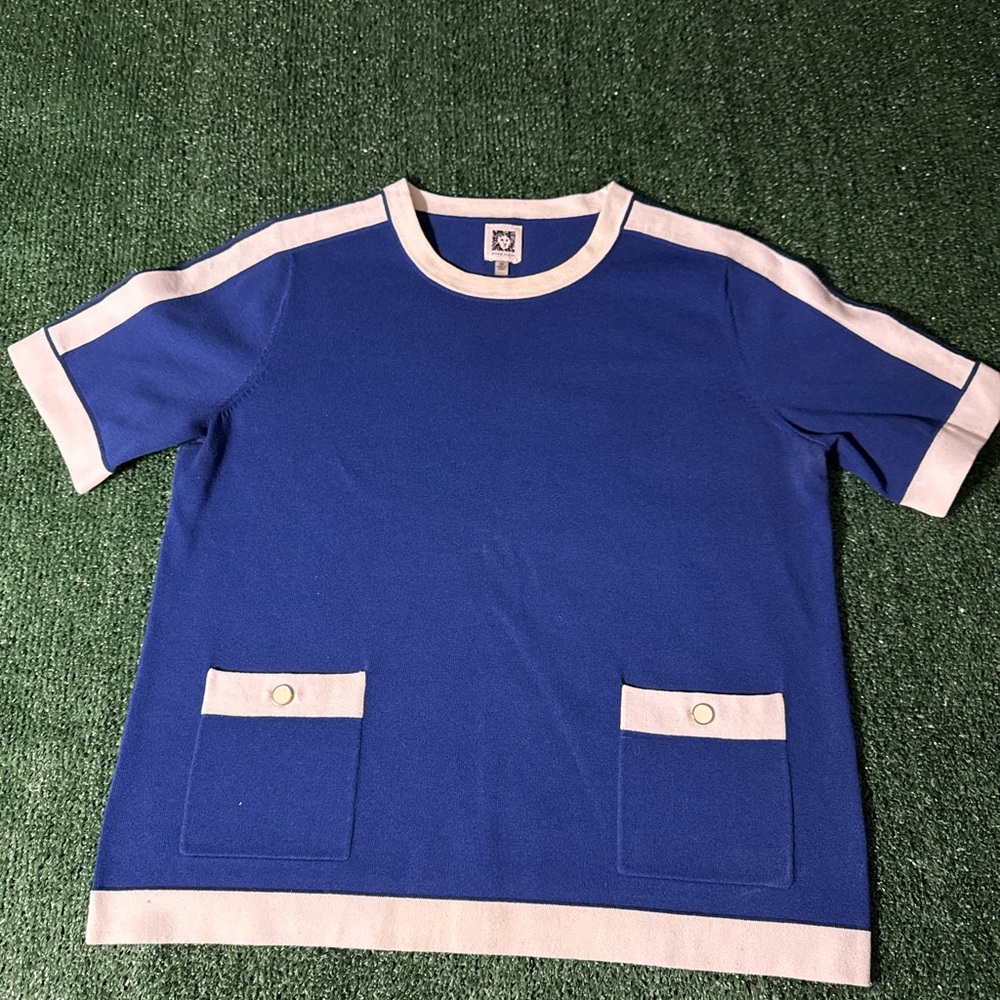 Anne Klein Blue and White Crew Neck Top